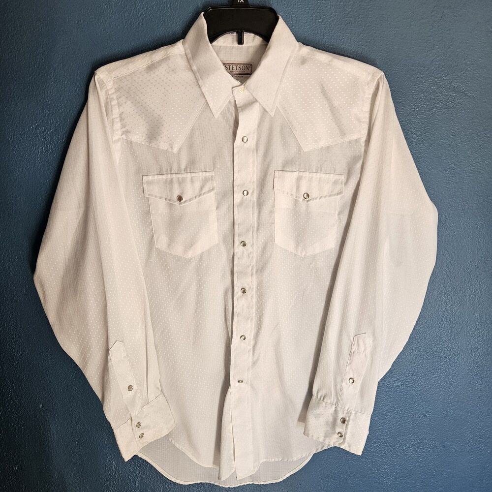 VTG 70s Stetson 4x Quality Western Shirt Mens 16 35 White Jacquard Pearl Snap